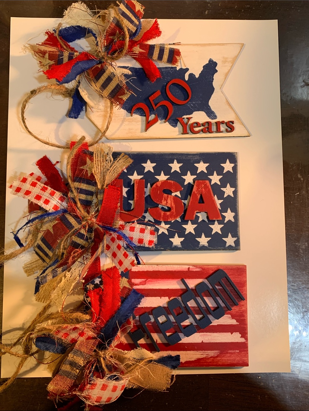 Patriotic USA Wooden Tags Trio - Red, White & Blue